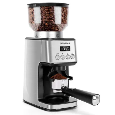AIGOSTAR Molinillo de Café Eléctrico con Soporte Desmontable y Contenedor, 180W, Panel Táctil LCD, 52 Regulable de Molido