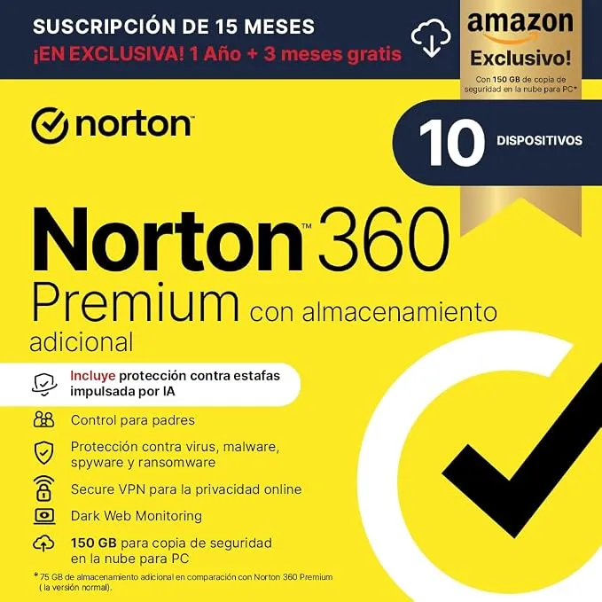 Norton 360 Premium Antivirus - Licencia Digital 15 Meses para 10 Dispositivos