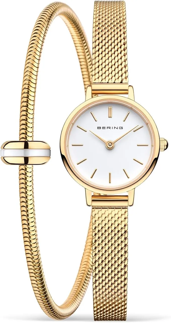 Reloj Bering Mujer 22mm Caja Dorada Esfera Blanca Correa Milanesa Dorada 3 ATM 11022-334