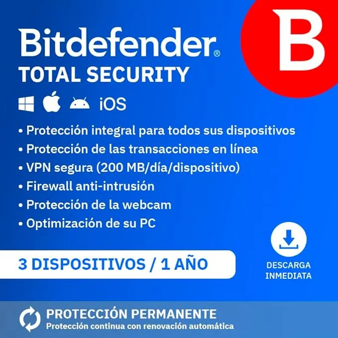 Bitdefender Total Security 2026 - Protección Antivirus para 3 Dispositivos (1 Año)