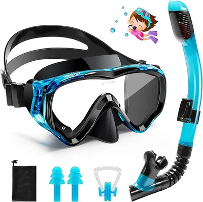 HIKOTEY Gafas de Buceo para Niño,El Kit de Snorkel Incluye Máscara y Tubo,Máscara de Buceo Antivaho de Vidrio Templado,180°Panorámico HD, Adecuado para Buceo y Snorkel, Niños de 4 a 16 Años