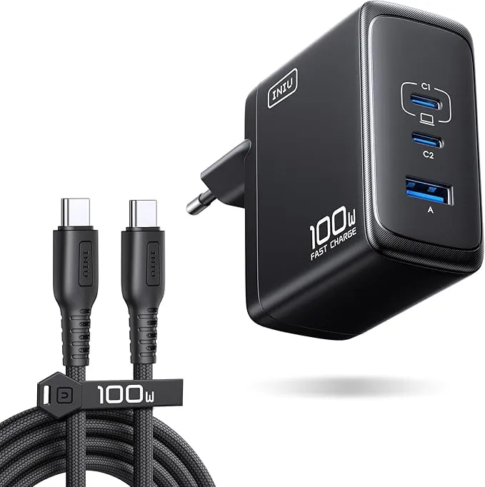 INIU Cargador USB C GAN 100W, 3-Puertos Cargador Rápido Compacto con Cable