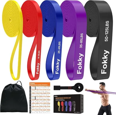 Fokky Gomas Elasticas Musculacion de 5 Niveles, Bandas Elasticas Musculacion con Anclaje de Puerta, Guía de Ejercicios para Entrenamiento de Fuerza,Estiramiento,Calistenia y CrossFitness