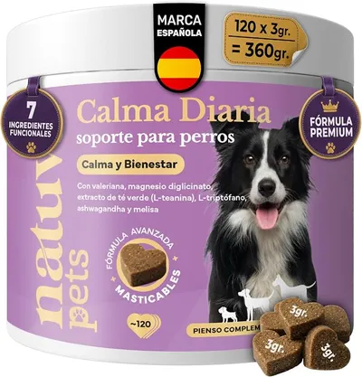 natuva pets Calmante para Perros - 120 Masticables con L-Triptófano, Ashwagandha, Magnesio, Melisa y Valeriana - Golosinas Relajantes para Perros - Ansiedad, Separación, Estrés, Petardos