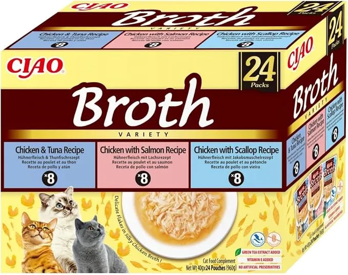 INABA Ciao Broth Multipack Comida Húmeda para Gatos (Pollo, Salmón, Atún y Vieira) 960g