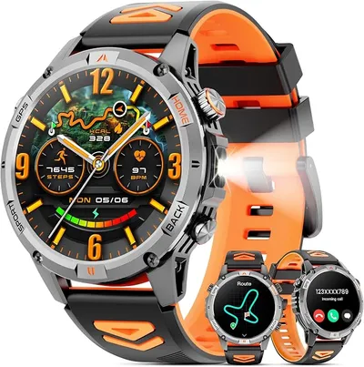 Joautrial Reloj Inteligente Hombre Militar, 1,46" HD Smartwatch GPS con Linterna Led, Brújula, 100+ Modos Deportivos Smart Watch, Monitoreo de Salud 24/7, Llamadas Bluetooth