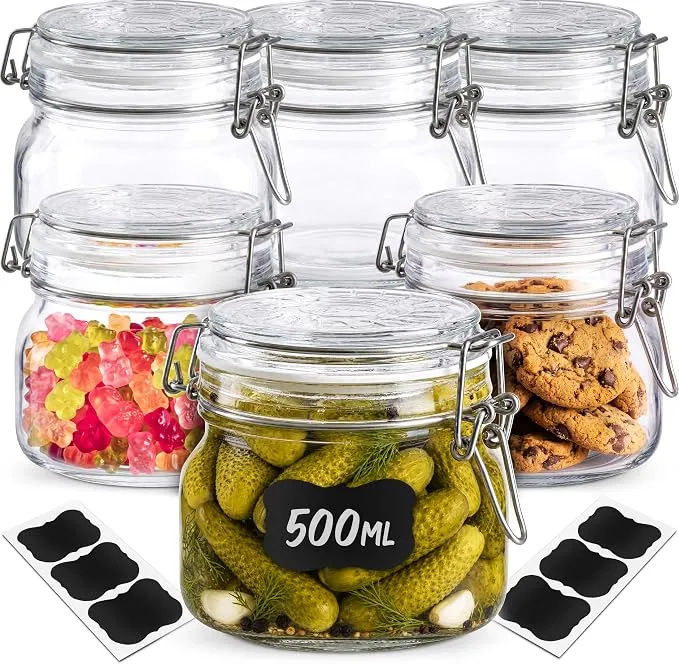 Praknu 6 Tarros de Cristal Herméticos 500 ml con Cierre de Clip y Accesorios